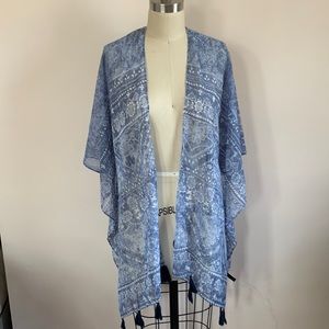 Blue and white wrap with tassels
